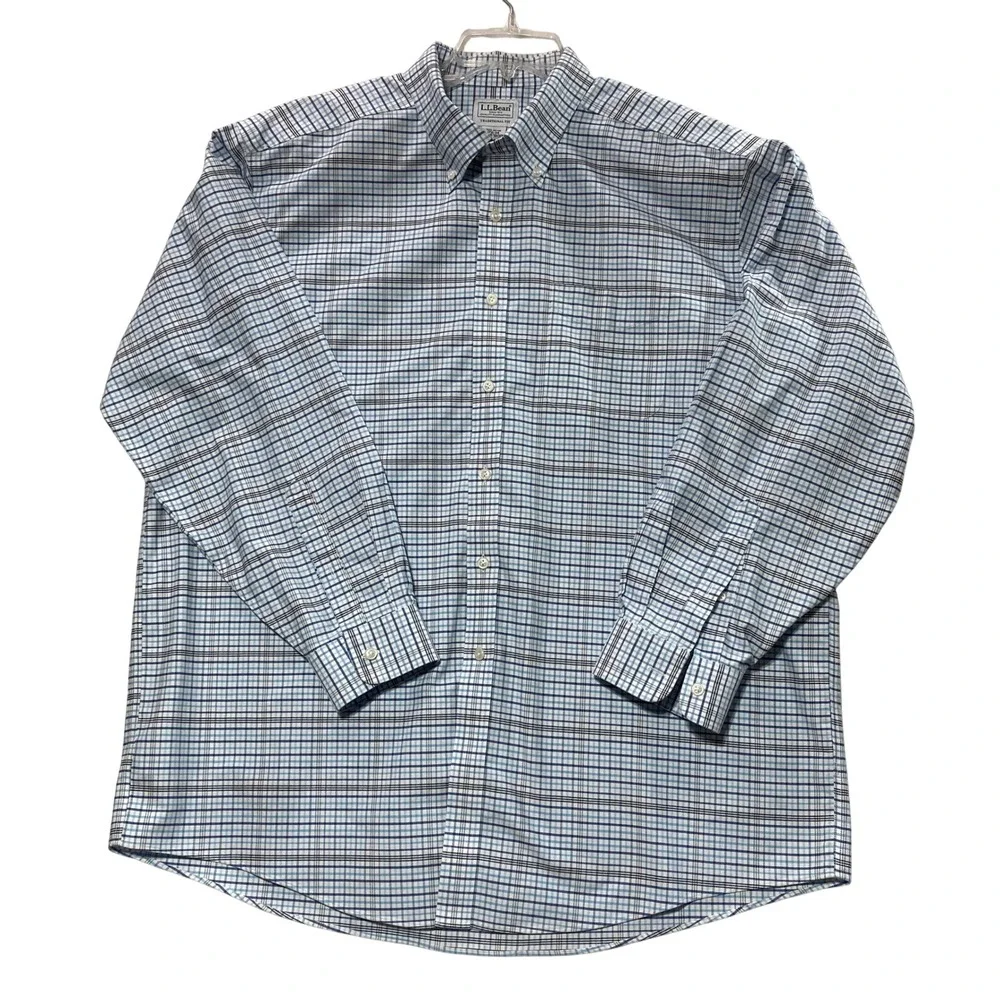 Lot 2 LL Bean Mens Traditional Fit Button‎ Down Shirt  Blue Plaid Gray 17.5 x 34
